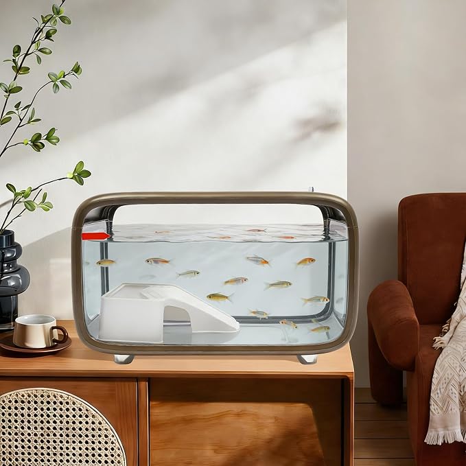 3.17-Gallon Cube Fish Tank, Modern Desktop Brown Fish Bowl with Feeding Hole, Compact Aquarium for Betta, Shrimp, Guppy, Goldfish, Home Office Desk Decor (Brown)