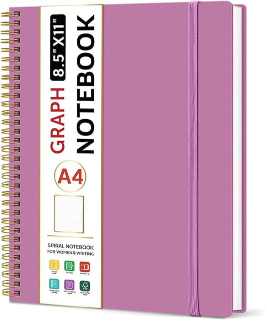 Taja Spiral Graph Notebook, 8.5"x11" Notebooks for Work, Large A4 Journal for Women & Men, Grid Notebook, Journaling Notebook for Writing, Plastic Cover Spiral Journal, Purple