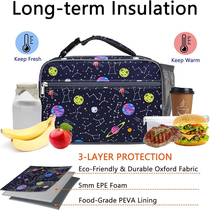 GYEUKHAM Insulated Lunch Box for School, Thermal Reusable Durable Freezable Lunch Bags for Kids Boys Girls Men Women - Small Soft Cooler Portable Lunch Tote Kit for Work Picnic Travel,Constellation