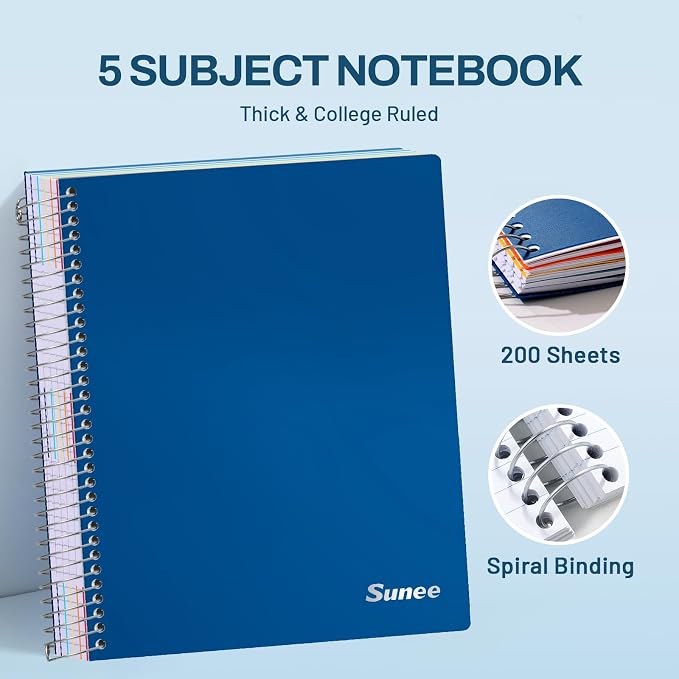 SUNEE 5 Subject Notebook College Ruled - 400 Pages, 9"x11", 5 Pocket Colored Dividers, 3-Hole Punched Paper, Dark Blue