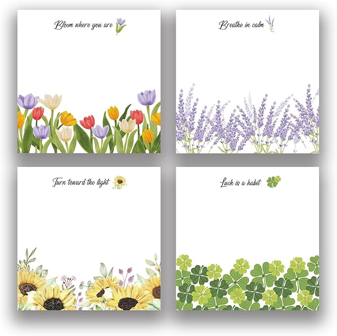 Cute Floral 4-Pad/200 Sheets 3x3in Sticky Notes Set, Adorable Memo Pads with High-Adhesive, Reusable Tearable Post it Notes for Journal Planners Office School Home, Bulk Stationery Gift