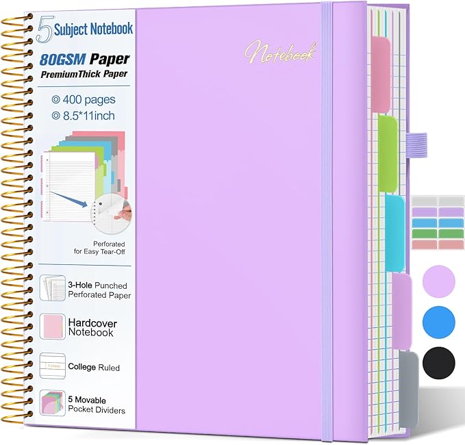 5 Subject Notebook College Ruled,80GSM Paper Thick Hardcover Spiral Notebook Lined Journal with Removable Dividers Tabs,400pages 8.5"x11" Paper Large Notebooks for School Work,3-Hole Punched, Purple