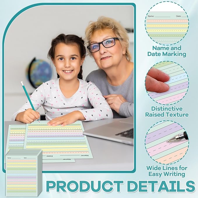 OBUSATT 50 Sheets Multi-Color Raised Line Paper Kindergarten Practice Tactile Writing Papers with 0.5inch Spacing Primary Handwriting Tablet for Kids Teachers Sensory with Line 8.5 x 11 Inch