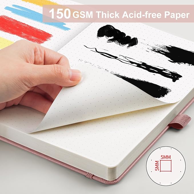 AHGXG Dotted Journal - 150 GSM Dot Grid Notebook Journal, Thick Acid-Free Paper, A5 Dotted Notebook 128 Pages, Leather Hardcover, Inner Pocket, Journal Stencil, 5.7'' × 8.3''