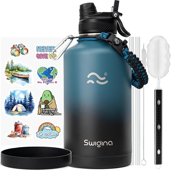 Swigina 64 oz Insulated Water Bottle with Silicone Boot (48hrs Cold/24hrs Hot) - DIY Stickers, Leakproof, BPA Free, Half Gallon [2-IN-1 LID]