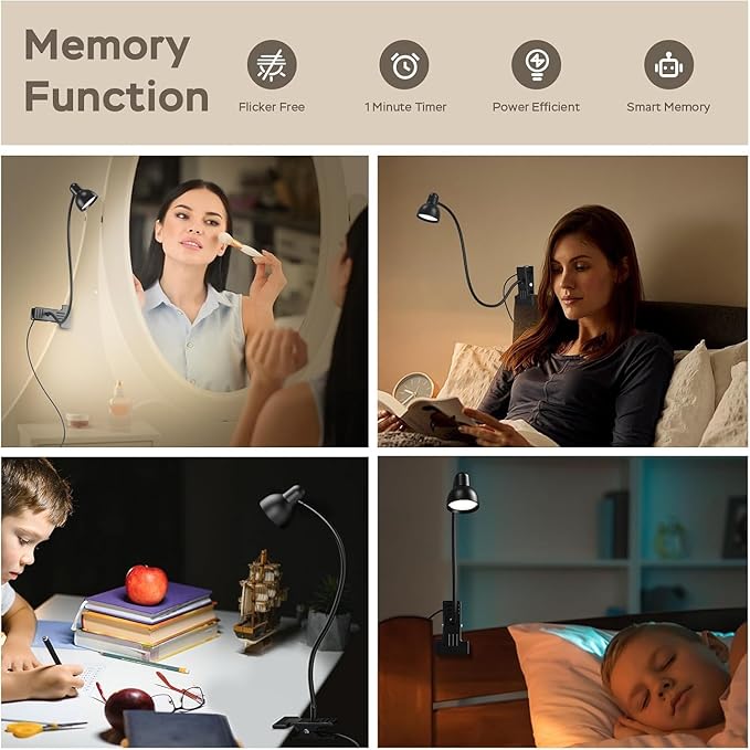 Clip on Light Reading Light for Bed 3 Color Modes 10 Dimmable Brightness Eye Care Clamp Desk Lamp 360° Flexible Desk Book Light for Reading Bed Headboard Computer Black