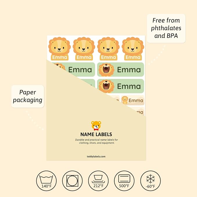 Personalized Daycare Name Labels (84) – Daycare Labels & Name Stickers for Kids – Labels for Kids Stuff Daycare – Waterproof for Baby Bottles, Clothing & Lunch Boxes - Lion