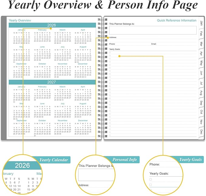 2026-2027 Planner - Planner 2026-2027 from July 2026 to June 2027 with 12 Monthly Tabs, Flexible Cover, Inner Pocket, 8.5" x 11", Grey-B