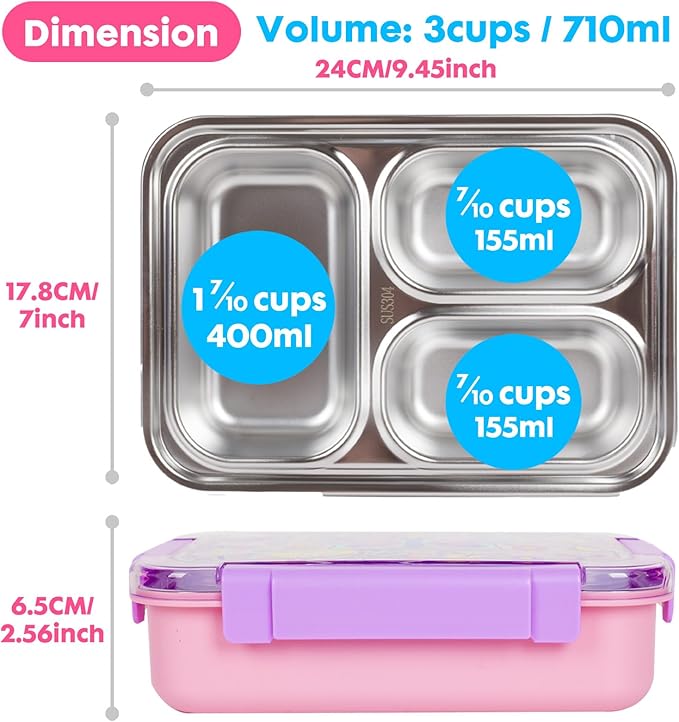 Stainless Steel Bento Lunch Box for Kids, 710ml/23.5oz BPA-Free Leak-Proof Food Containers with 3 Compartments, Back to School Students Daycare Lunches Snack Container Size for Ages 3-7