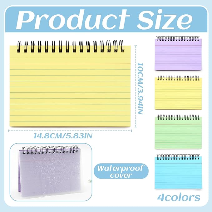 200 Pcs Index Cards 4x6 Inch Lined Note Cards Flash Cards Spiral Bound Waterproof Cover for Daily Planning, Work, School, Journaling, Studying(Perforated Tear-Out, 4 Colors)