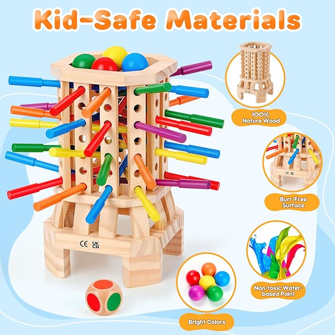 Montessori Wooden Board Game, Colorful Sticks & Ball Drop Games for Kids, Fine Motor Skills & Math Learning Toy for 3 4 5 6 Year Old, 2-6 Player Family Travel Game, Birthday Gift for Boys Girls Age 3+