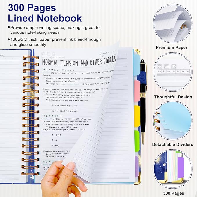 Spiral Journal Notebooks for Work, 300 Pages 5 Subject Notebook College Ruled with Dividers & Tabs, A5 Notebook Journal for Women Students Note-Taking and Organizer (Starlit Meteor)