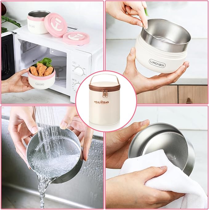 Dandat 2 Pcs Portable Insulated Lunch Containers Thermal Bento Box with Bag Fork Knife Microwavable Stainless Steel Lunch Box 15.2 oz 21 oz Separate Stackable Food Jar for Adult Men Women(Pink)