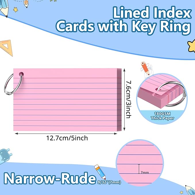 Index Cards 3x5 Inch With Ring, 300 Count, Ruled Pink Index Card, 180GSM Flash Cards College Ruled for Students, Teachers, Study Note Card for Office, Home, School, Office