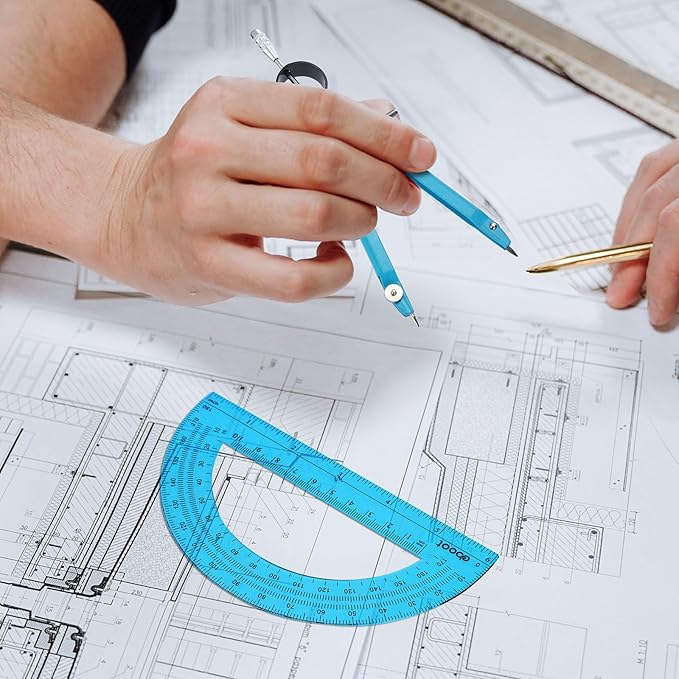 EBOOT Student Geometry Math Set, Metal Drawing Compass and 6 Inch Clear Swing Arm Protractors 180 Degree Math Protractor(Blue and Blue)