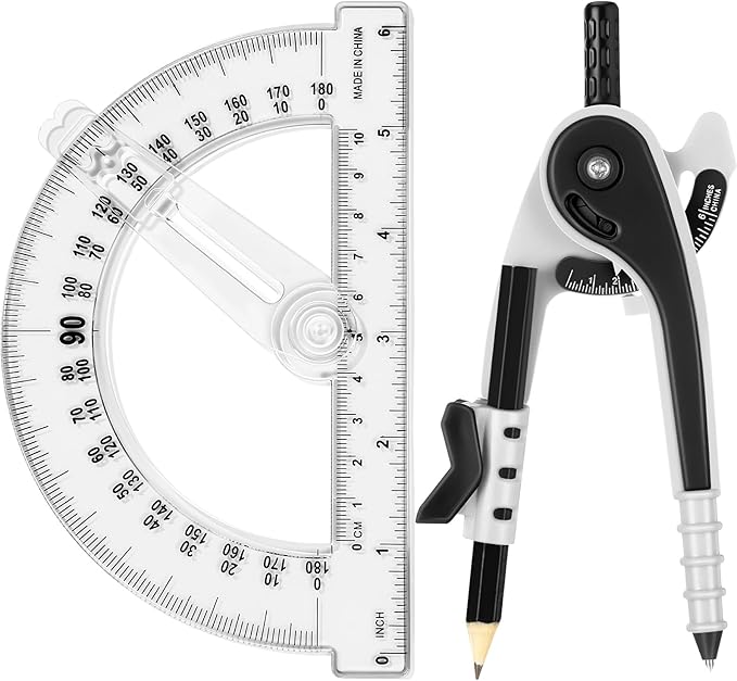 Zonon 2 Pcs Student Protractor and Compass, Student Geometry Math Set Drawing Compass and 180 Degree 6 Inch Protractor with Swing Arm for Drawing Measuring School Office (Black)
