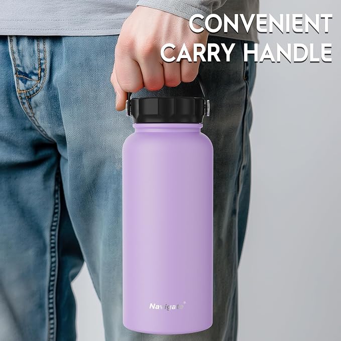 Navigate 32oz Insulated Water Bottle for Sports, Keep Cold 24H | 2-in-1 Spout and Handle Lids, Double Leak-Proof, 18/8 Stainless Steel, BPA-Free, Wide Mouth for Gym and Hiking,Purple