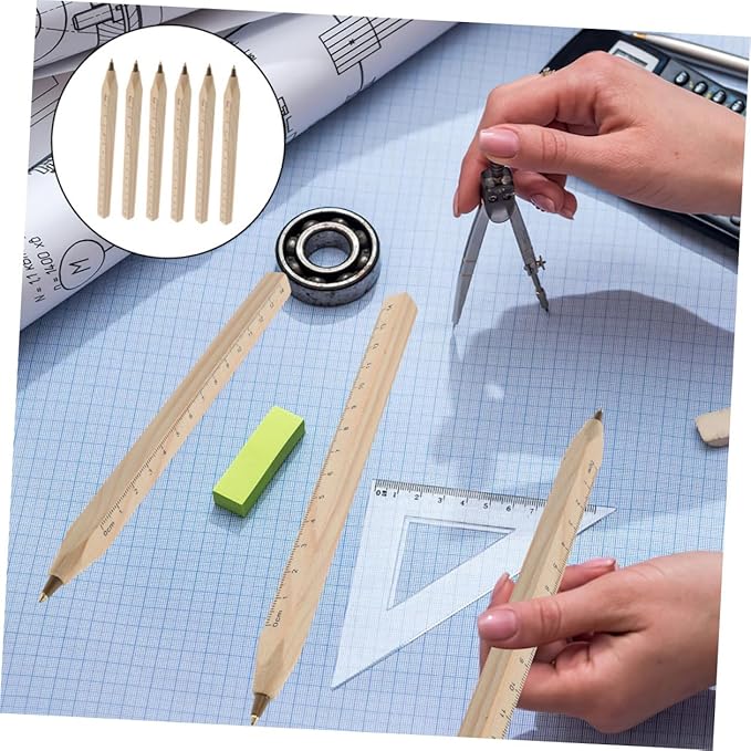 Kichvoe 6pcs Black Wooden Ballpoint Pens with Ruler Print, Natural Biodegradable Carpenter Marking Pens for Engineering Drawing and Woodwork Measurement