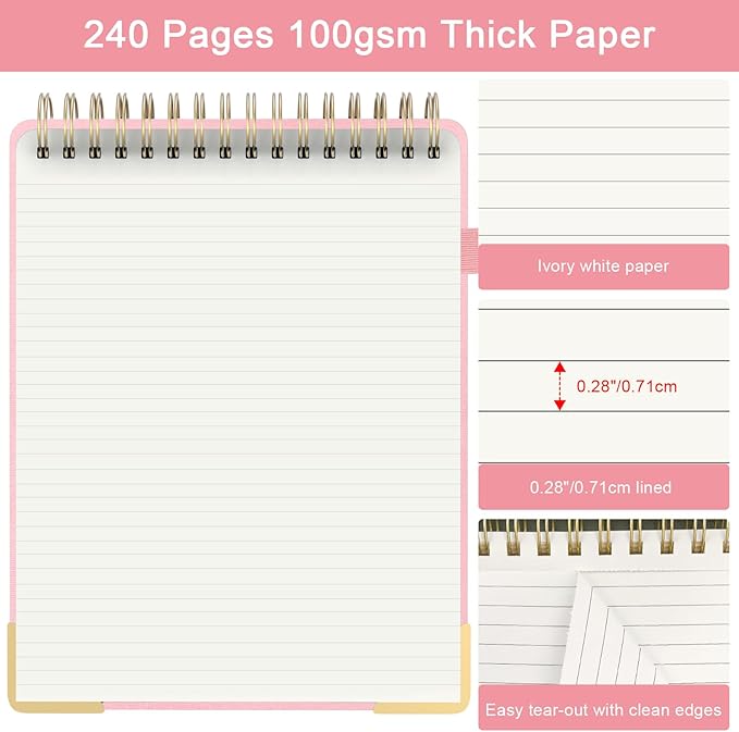 Aesthetic Top Spiral Notebook, A4 Large Linen Hardcover Top Bound Steno Pads, 240 Pages 100gsm Thick Lined Paper Left Handed Notebook Journal for Work, School, Church Writing - Pink, 8.5" x 11"