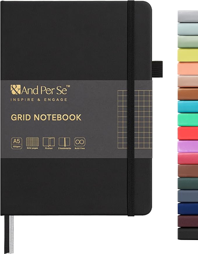 &And Per Se Graph Notebook, 5mm Grid, A5 Hardcover, 160 Pages 100gsm Thick Paper, Grid Journal for Diagrams, Wireframes, CAD Sketches (Black)