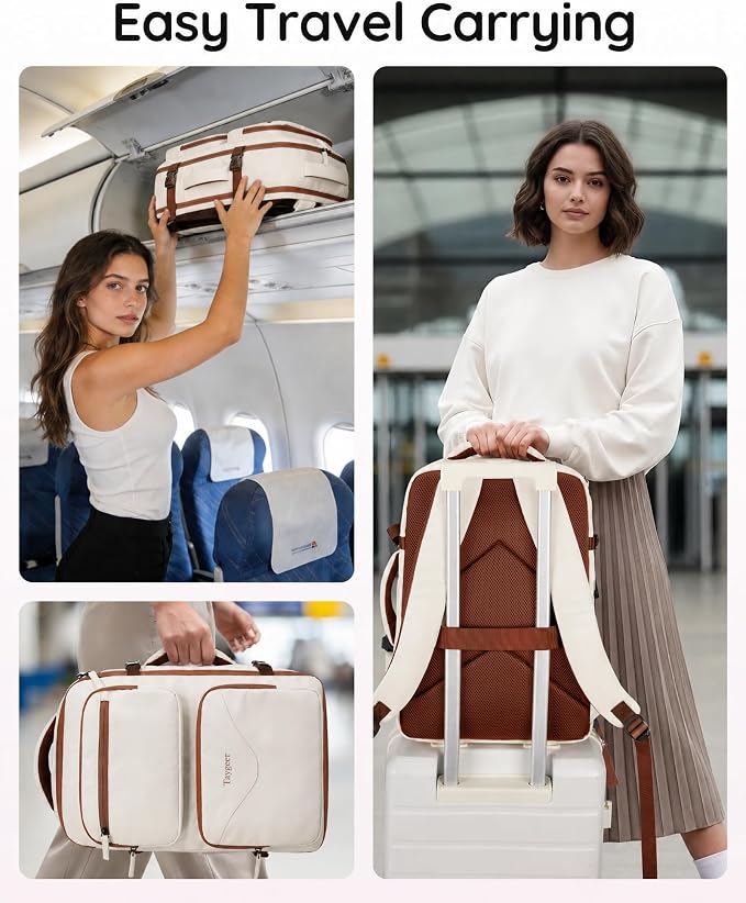 Taygeer TSA Approved Under Seat Backpack, 35l College Backpack for Women | Personal Item Bag for Airplanes Fits 15.6 Inch Laptop, Travel Bag with Water Bottle Pocket & Shoe Pouch, Khaki White