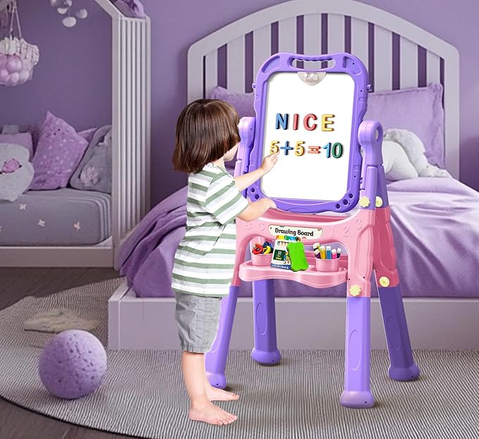 Art Easel for Kids Double Sided Magnetic Drawing Board with Letters & Numbers, Adjustable Standing Easel for Toddlers, Creative Play & Learning Toys for Girls - Purple