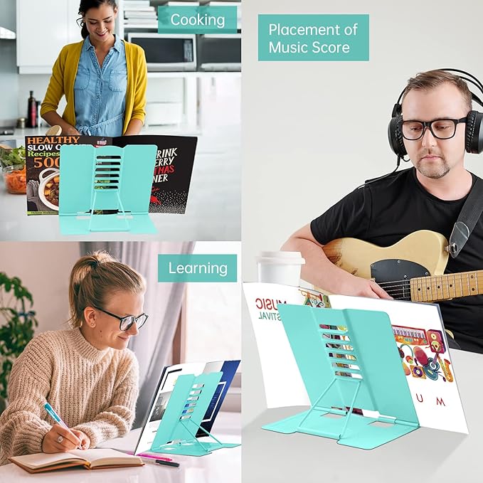 Honagu Book Stand Metal Desk Book Holder, Book Holders for Reading Hands Free, Adjustable Cookbook Documents Holder, Portable Bookstand for Music Books, Textbook, Recipe, Tablet, Ipad (Light Green)