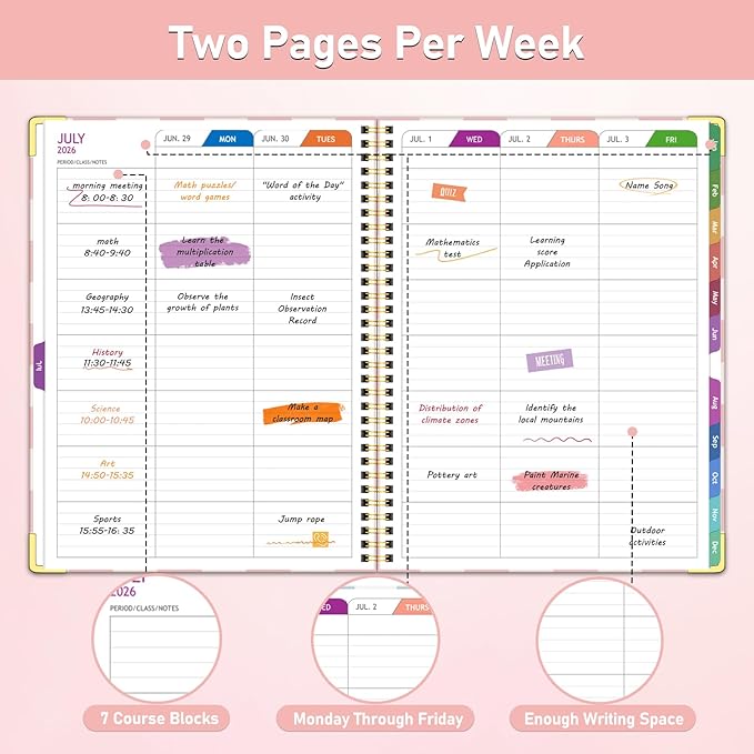 Teacher Planner 2026-2027, Jul 2026-Jun 2027 Academic Year, 8.5" x 11" Lesson Planner Book for Teacher Calendar, Spiral Bound Planners, Colorful Monthly Tabs, Planning Stickers, PinkCheckered
