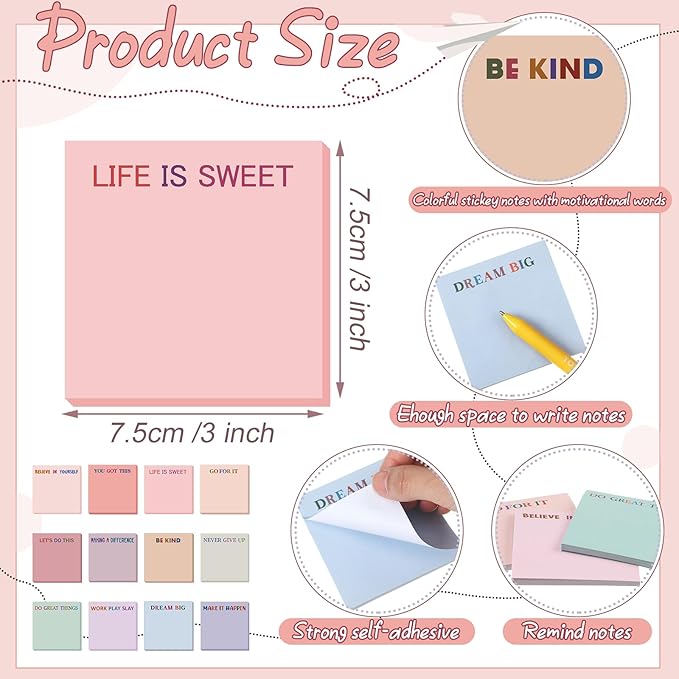 Yinder 24 Pcs Inspirational Sticky Notes Cute Motivational Sticky Notes Pad End of Year Employee Appreciation Gifts Bulk for Teacher Nurse Coworkers Office Supplies 3 x 3'' (Inspirational,Aesthetics)