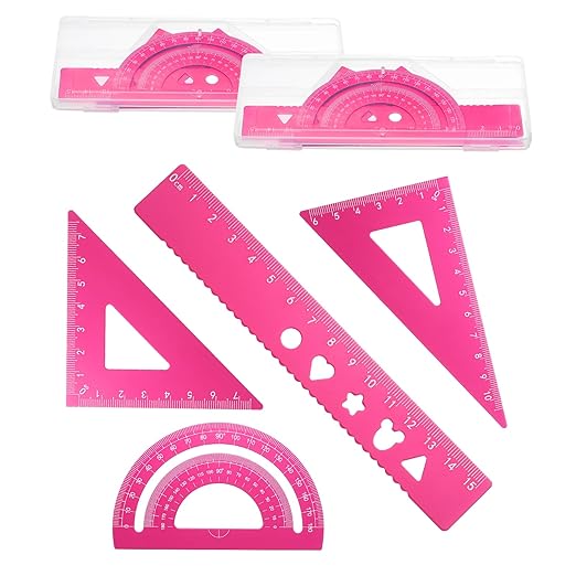 PATIKIL 8 Pcs Geometry Drafting Tool, Aluminum Alloy Geometry Kit Math Tool Includes 15cm L Ruler Protractor Triangles for Drafting Angle Measure Simple Science Experiment, Pink