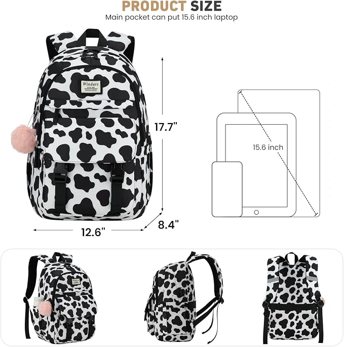 WINDARS School Backpack for Teen Girls, Cute College Backpacks for Women Students Aesthetic Bookbag Large 15.6 Inch Laptop Bag Middle School Travel Back Pack (Cow Print Black)