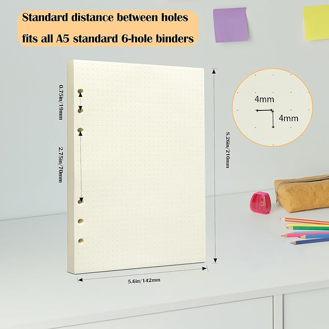 A5 Dot Grid Filler Paper, 6-Hole Punched, 100GSM Dotted Loose-Leaf Paper and Planner Inserts for Planners, Meeting Notes, and Bullet Journals,80 Sheets/160 Pages