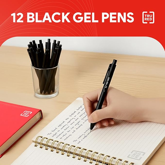 TRU RED Retractable Gel Pens, Medium Point 0.7mm, Black Ink, 12 Pack – Quick‑Dry Pens for No‑Smear Notes & Office Writing