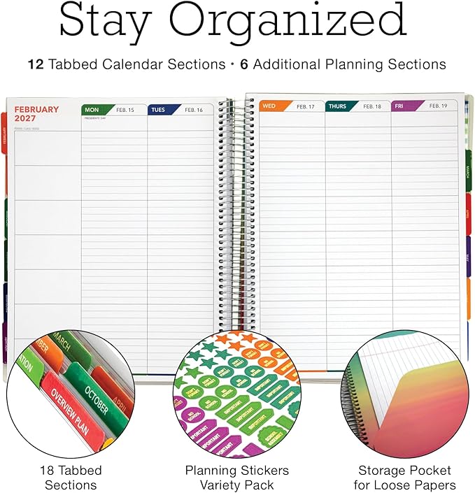DELUXE TEACHER PLANNER Aug 2026-Jul 2027 8.5x11 Daily Weekly Monthly Organizers with 7 Periods, Pocket Folder, Dated Calendar, Page Tabs, Bookmark and Planning Stickers (Rainbow Floral)