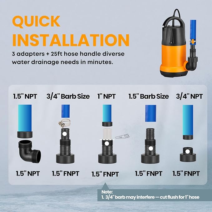 Sump Pump Submersible With 25Ft. Hose, Submersible Pump, 25Ft Cord, 4000GPH | 1.5HP Water Pump Submersible With 25ft. Hose Kit, Utility Pump, Sump Pump with 25Ft Cord For Pools, Garden Ponds, Basement