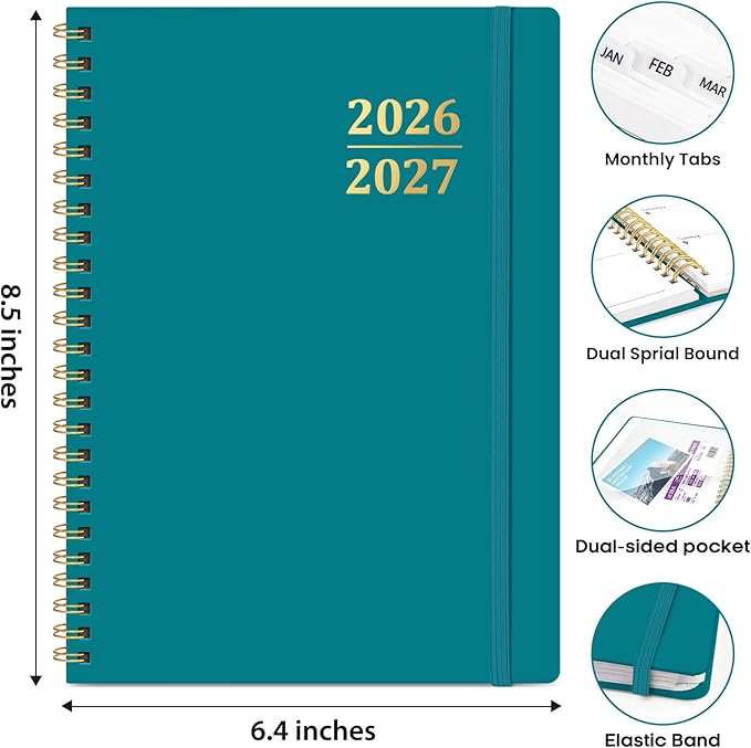 Academic Planner 2026-2027, Weekly and Monthly Calendar Planner Book, July 2026 – June 2027, Hardcover Organizer with Tabs, Perfect for Teachers, Students, Women & Men, A5 (6.4" x 8.5") - Turquoise