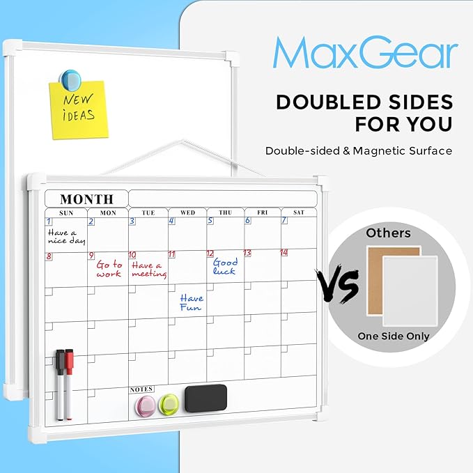 MaxGear Monthly Calendar Dry Erase Board for Wall, 16"x12" Small Hanging Double-Sided White Board, Portable Whiteboard for Planning, Drawing, Memo, to Do List, School, Home, Kitchen, Office