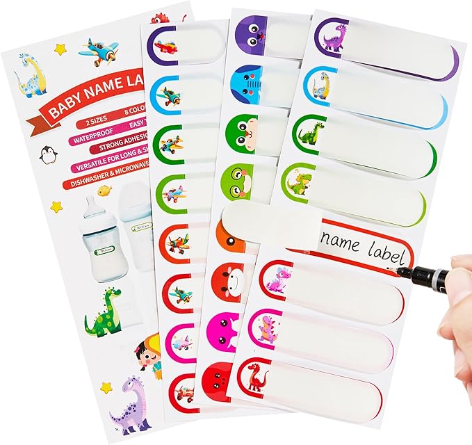 Name Tag Stickers for Daycare, Self-Laminating, Write-On Waterproof Baby Bottle Labels, Dishwasher Safe, Reusable Labels, Assorted Sizes & Colors, Pack of 64