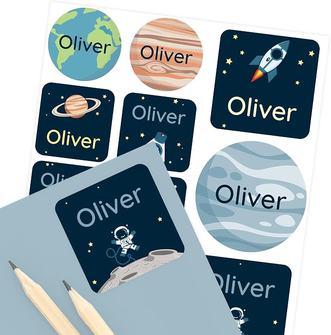 Camp Name Labels for Kids (33) – Personalized Stickers & Daycare Labels – Waterproof for Water Bottles, Lunch Boxes & School - Universe
