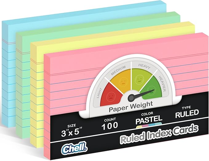 Chell Extra Heavyweight Index Cards 3x5 Inch, No Bleed-Through, 100 Count, Ruled Front and Blank Back, 80 lb. Cover Weight, Pastel Colors