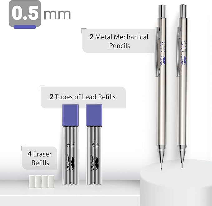 Mr. Pen- Metal Mechanical Pencil Set with Lead Refills & Erasers, 2 Pack, 0.5mm, 4x Tubes 2B Lead Refill, 4x Eraser Refills for School Supplies, Note Taking, Drawing, Sketching, Office