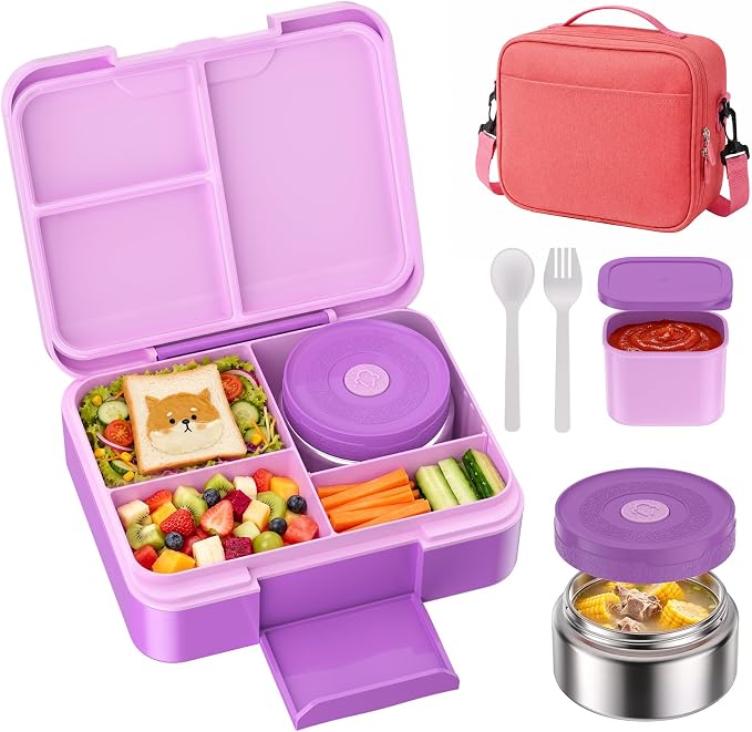 HOMETALL Bento Lunch Box for Kids with 8.5oz Insulated Food Jar, Leakproof Bento Boxes Lunch Bag for Ages 3 to 14 Back to School, Lunchbox Snack Containers Reusable Daycare Meal Prep,Purple