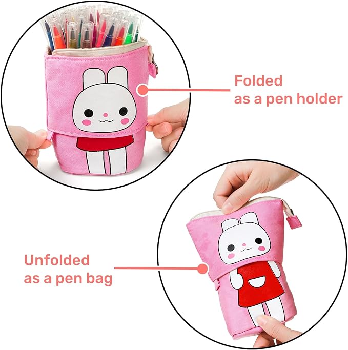 4 Pack Standing Pencil Case, Cute Telescopic Stationary Pouch with Zipper, Kawaii Spacious Pop Up Bag Portable Canvas Makeup Holder for Pens, Cosmetics, Office Supplies