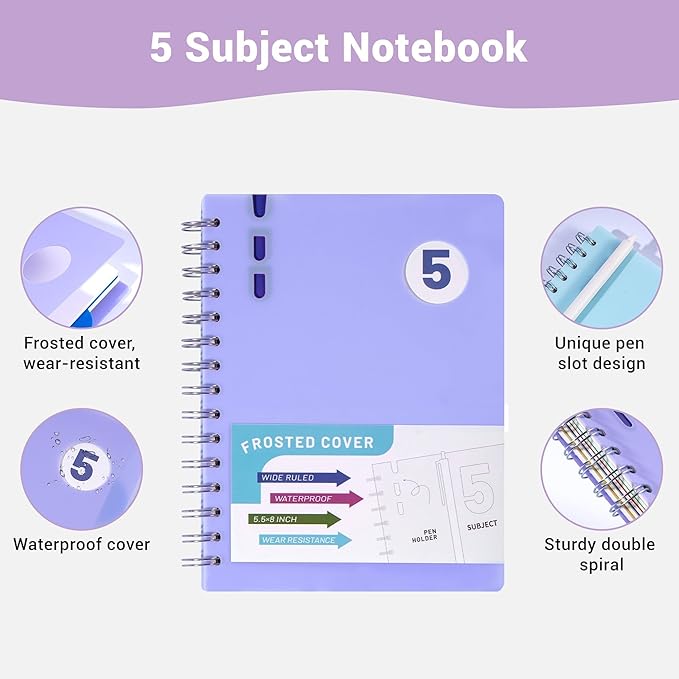 FLYING EAGLE 2 Pcs 5 Subject Notebook Wide Ruled, Small Spiral Notebook 5x7 for Work, 408 Pages Lined Journal with Removable Dividers, Small Notebooks for Work, Violet