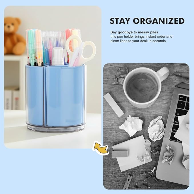 Comix 360° Rotating Pen Holder for Desk, Cute Pencil Holder Pen Organizer, Blue Acrylic Pencil Cup Caddy with 5 Slots for Home School Office Supplies