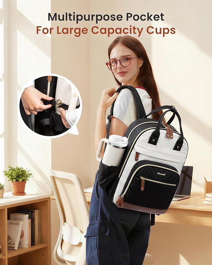 LOVEVOOK Laptop Backpack Women with Giant Tumbler Holder,18 inch Waterproof Work Travel Backpack Computer Laptop Bag,Cute College Nurse Teacher Backpack Purse,Gifts for Women & Men,Beige-Black-Brown
