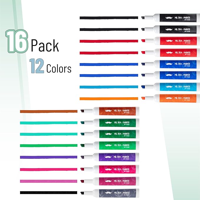 Mr. Pen- Dry Erase Markers, 16 Pack, Assorted Colors, Low Odor Ink, Chisel Tip, White Board Markers Dry Erase, Ideal for Classroom, Back to School Supplies, Teachers, Office, Whiteboard & Home