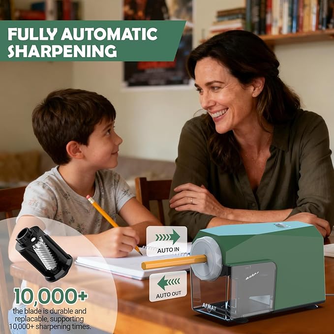 AFMAT Electric Pencil Sharpener, Fast & Hands-Free, 10K+ Uses, 5 Nibs, Fully Automatic Pencil Sharpener for Classroom, Heavy Duty Sharpeners for No.2/Jumbo/Colored Pencils (φ6.5-10.5mm) US Plug(120V)