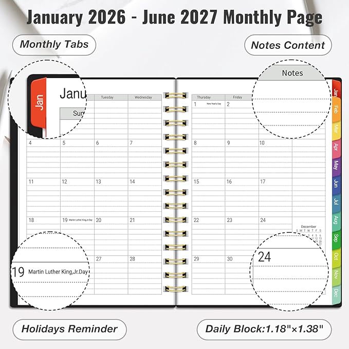 Daily Planner 2026-2027, 18 Month Planner with Tabs, January 2026 - June 2027 Weekly and Monthly Agenda Year Calendar Spiral Time Management, 100GSM Thick Paper, Twin-Wire Binding, A5 Size, Black