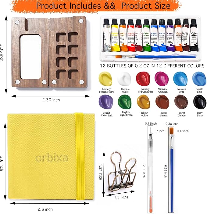 Orbixa Mini Watercolor Palette Paint Set Travel Size - 12 Color Paint with 8-Wooden Grid Palette,Mini Sketchbook & Brushes | Portable Artist Supplies Kit for Students, Beginners, Outdoors Use (yellow)